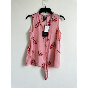 Bobeau women's Floral Ruffle Trim Tie Front Blouse Pink Size XS